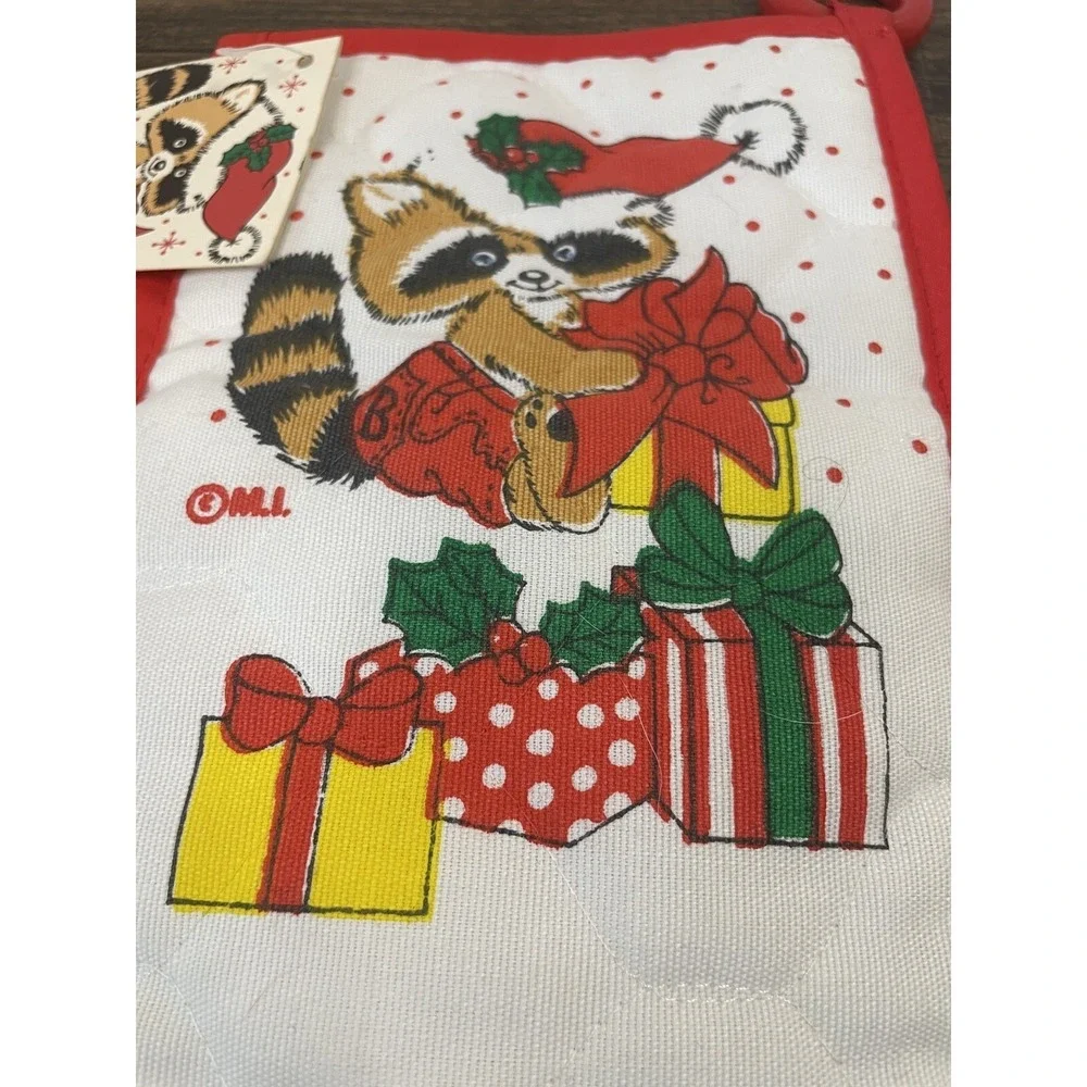 Vintage Britches Cartoon Raccoon Oven Mitt With Tag Christmas Presents Santa Hat